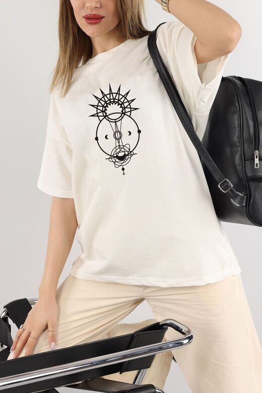 Unisex Baskı Detaylı Oversize Basit T-Shirt
