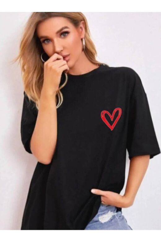 Minimal Kalp Baskılı Siyah Oversize Tshirt