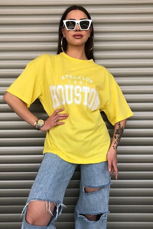 Houston Baskılı Kadın Oversize Sarı T-shirt