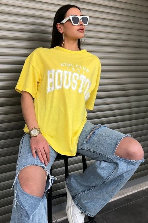 Houston Baskılı Kadın Oversize Sarı T-shirt