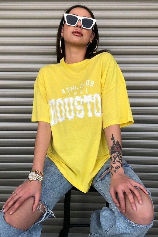 Houston Baskılı Kadın Oversize Sarı T-shirt