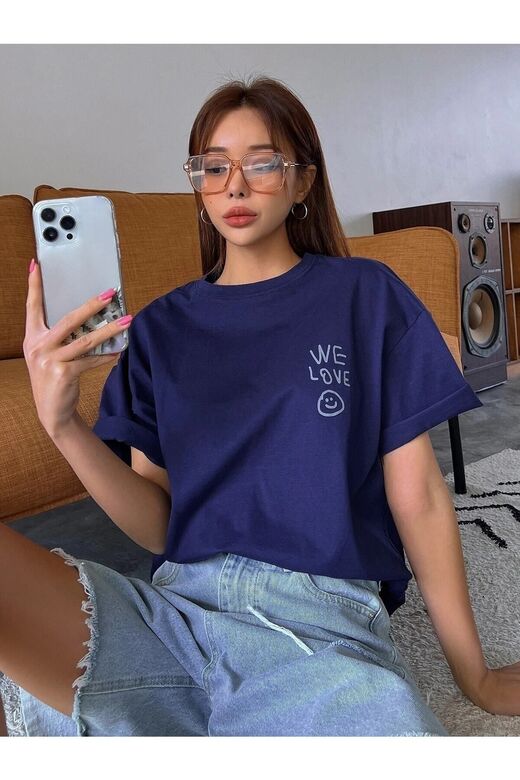 Kadın Lacivert Love Love Love Baskılı Oversize T-Shirt