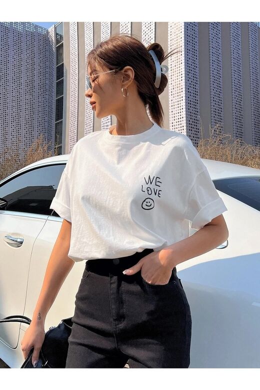 Kadın Beyaz Love Love Love Baskılı Oversize T-shirt