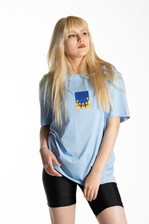 Kadın Açık Mavi Önü Duck Baskılı Bisiklet Yaka Oversize Pamuklu T-shirt