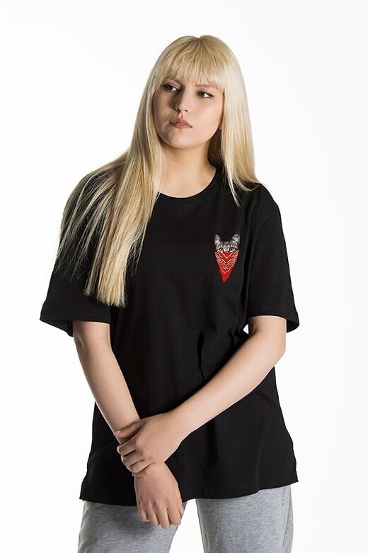 Kadın Siyah Önü Maskeli Kedi Baskılı Bisiklet Yaka Oversize Pamuklu T-shirt