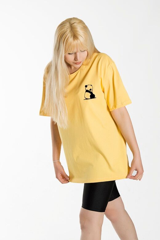 Kadın Sarı1 Önü Panda Baskılı Bisiklet Yaka Oversize Pamuklu T-shirt