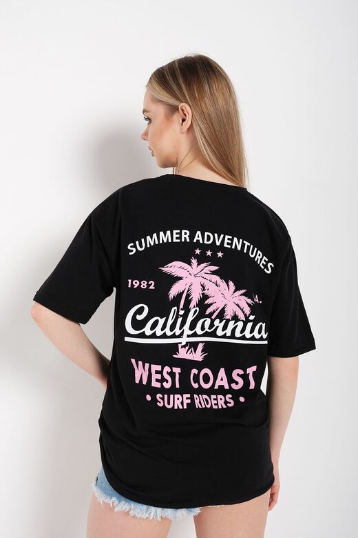 Kadın Siyah Oversize California Baskılı T-shirt