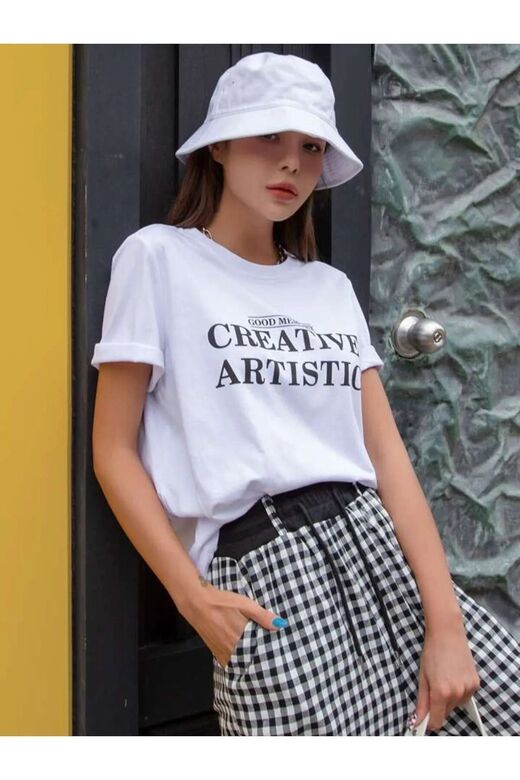 Beyaz Oversize CREATIVE Baskılı T-shirt