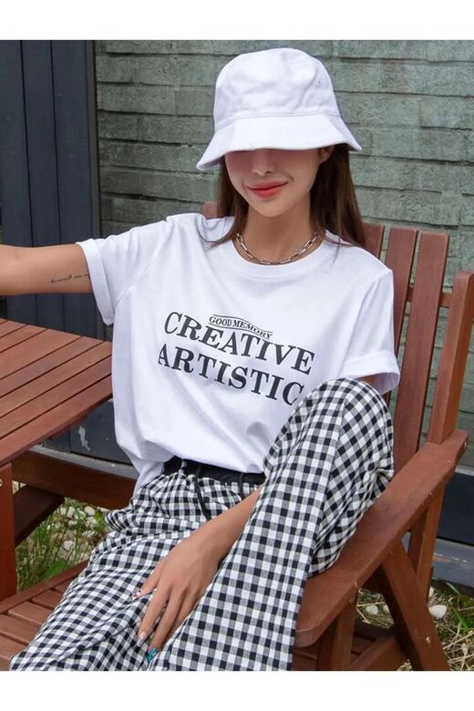 Beyaz Oversize CREATIVE Baskılı T-shirt