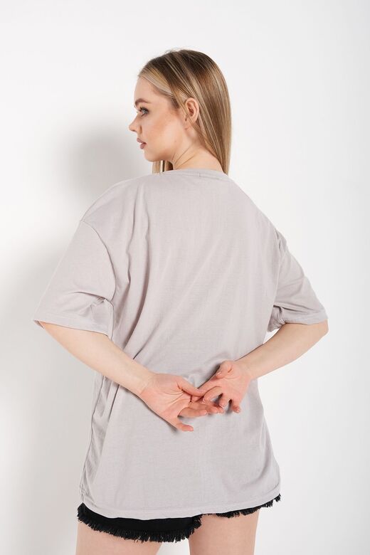 Kadın Çizgili Figür Kalp Boyamalı Gri T-shirt