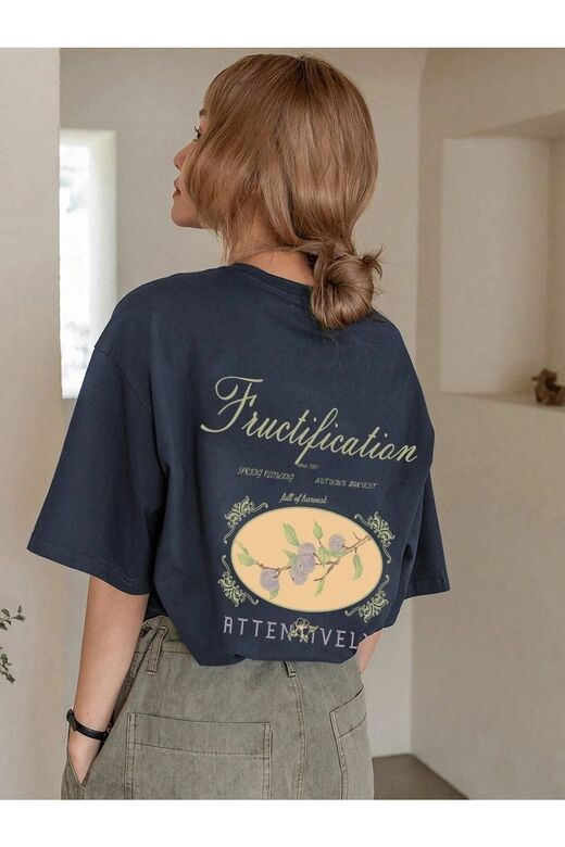Kadın Lacivert Fructification Baskılı Oversize T-shirt