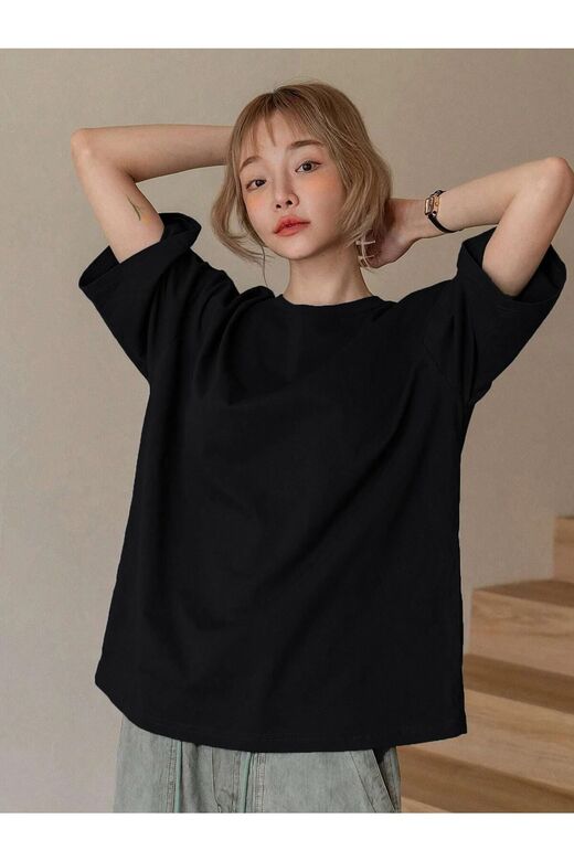 Kadın Siyah Fructification Baskılı Oversize T-shirt