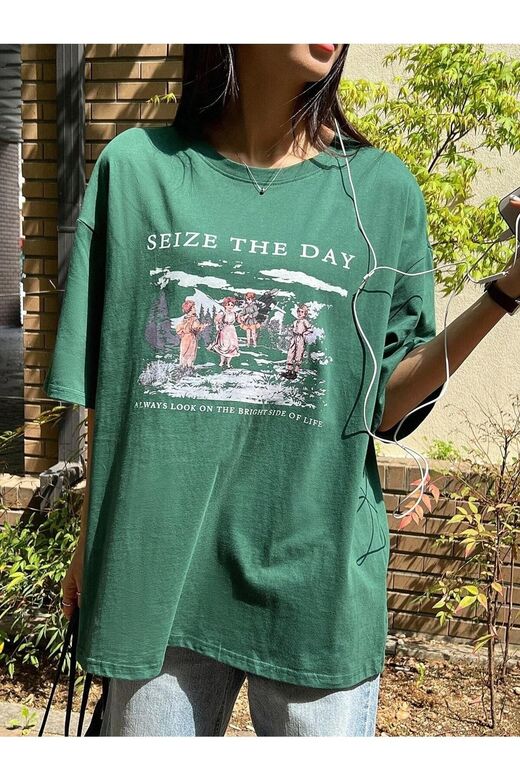 Kadın Nefti Yeşili Seize The Day Baskılı Oversize T-shirt