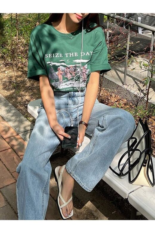 Kadın Nefti Yeşili Seize The Day Baskılı Oversize T-shirt