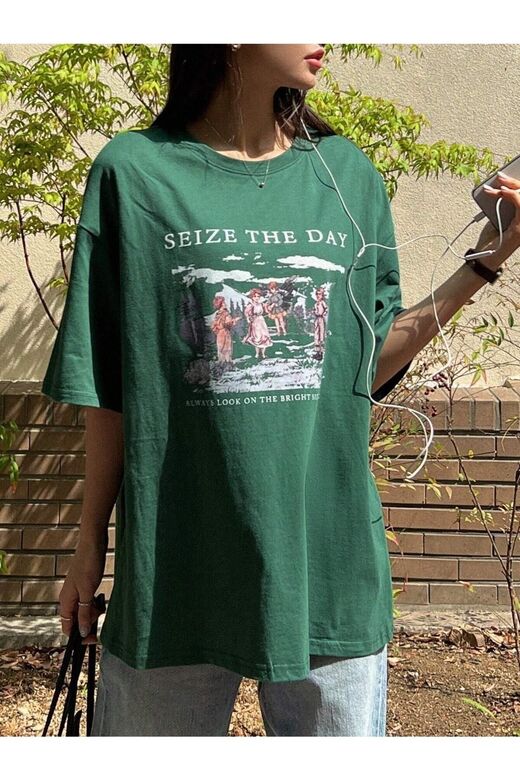 Kadın Nefti Yeşili Seize The Day Baskılı Oversize T-shirt