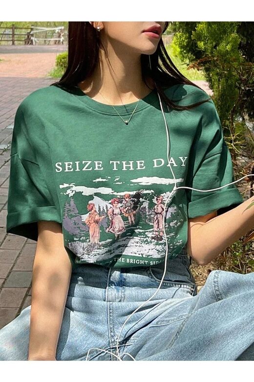 Kadın Nefti Yeşili Seize The Day Baskılı Oversize T-shirt