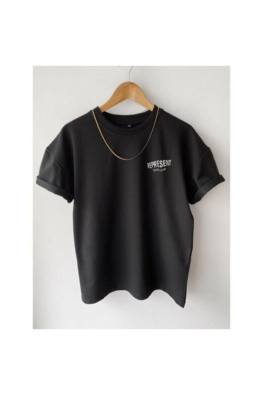 Unisex Siyah Represent Baskılı Oversize Bisiklet Yaka T-shirt