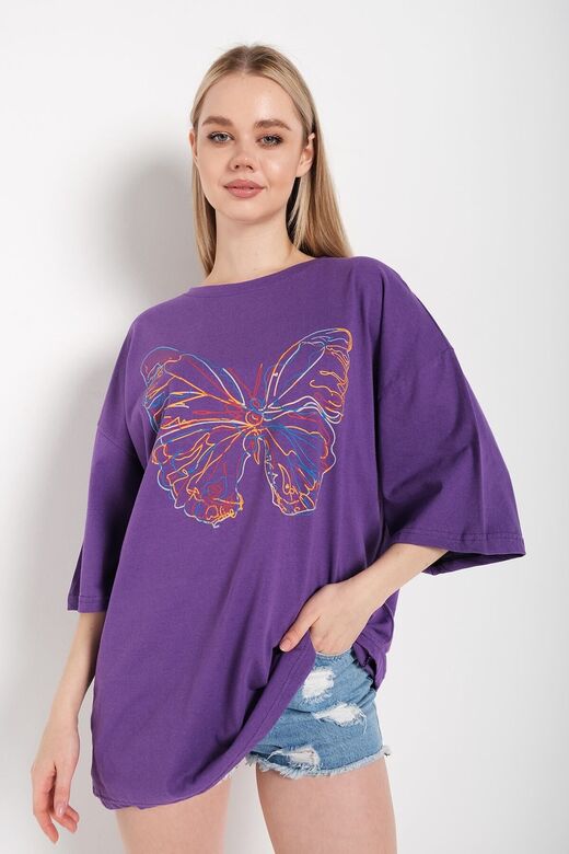 Kadın Mor Oversize T-shirt Ön Lazer Kelebek Baskılı Tişört