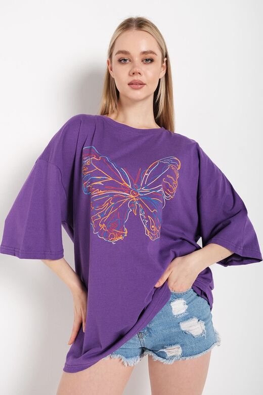 Kadın Mor Oversize T-shirt Ön Lazer Kelebek Baskılı Tişört
