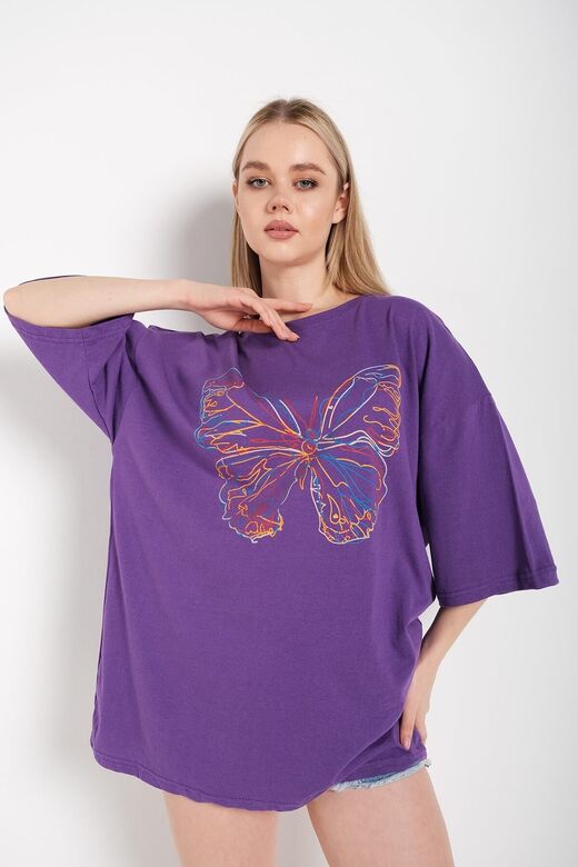 Kadın Mor Oversize T-shirt Ön Lazer Kelebek Baskılı Tişört