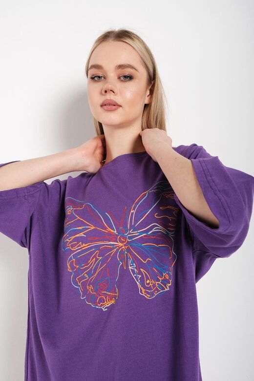 Kadın Mor Oversize T-shirt Ön Lazer Kelebek Baskılı Tişört