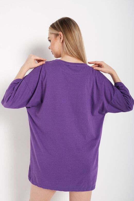 Kadın Mor Oversize T-shirt Ön Lazer Kelebek Baskılı Tişört
