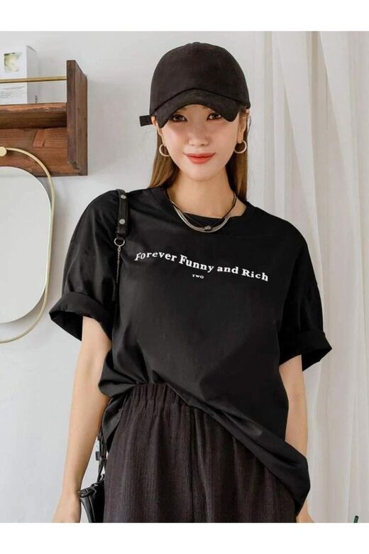 Kadın Siyah Funny Baskılı Oversize T-shirt