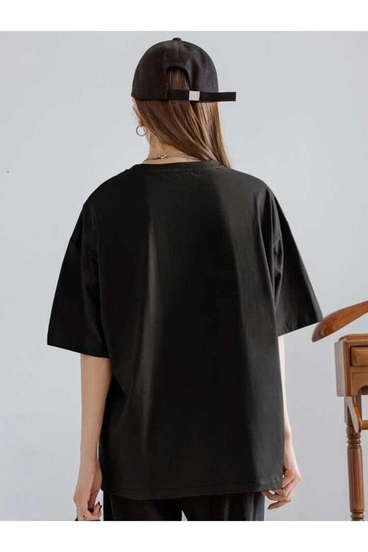 Kadın Siyah Funny Baskılı Oversize T-shirt