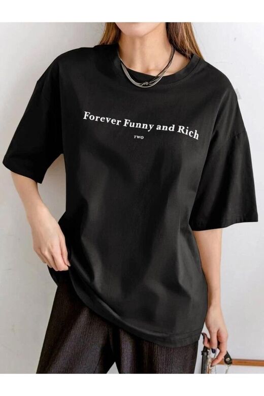 Kadın Siyah Funny Baskılı Oversize T-shirt