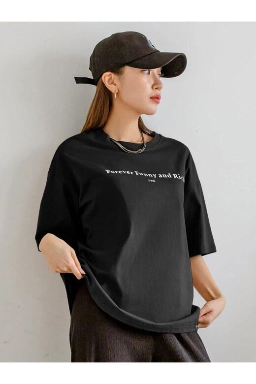 Kadın Siyah Funny Baskılı Oversize T-shirt