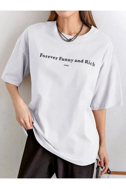 Kadın Beyaz Funny And Rich Baskılı Oversize T-Shirt