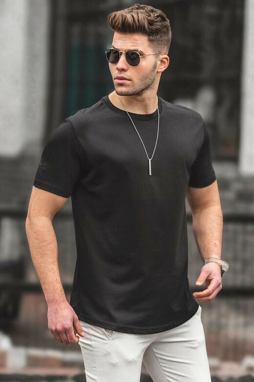 Erkek Siyah Basic Licralı Slimfit T-shirt