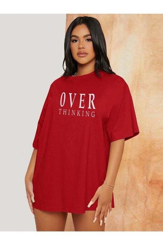 Kadın Kırmızı Over Thinking Baskılı Oversize T-shirt