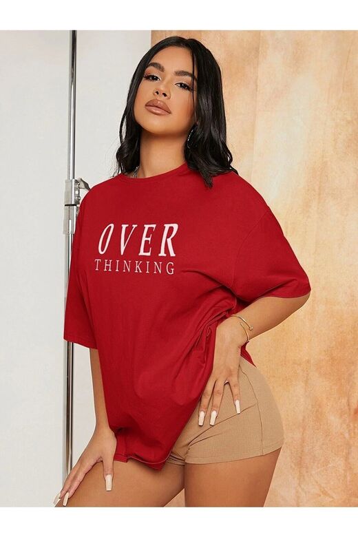 Kadın Kırmızı Over Thinking Baskılı Oversize T-shirt