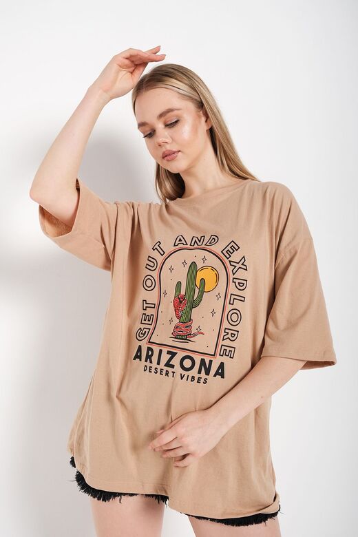 Kadın Camel Oversize Arizona Baskılı T-shirt