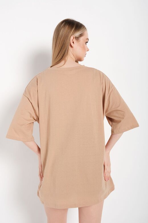 Kadın Camel Oversize Arizona Baskılı T-shirt