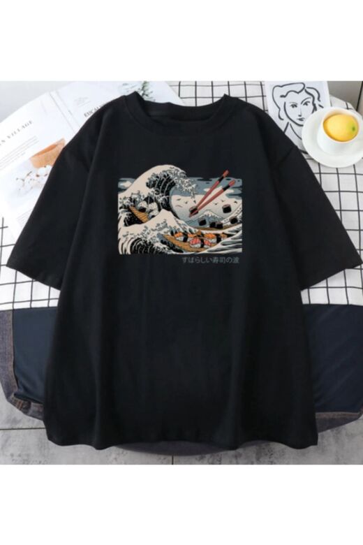 Unisex Siyah Japon Dalga Baskılı Oversize Bisiklet Yaka T-shirt