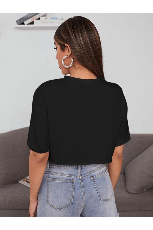 Kadın Siyah Bisiklet Yaka Oversize Crop T-shirt