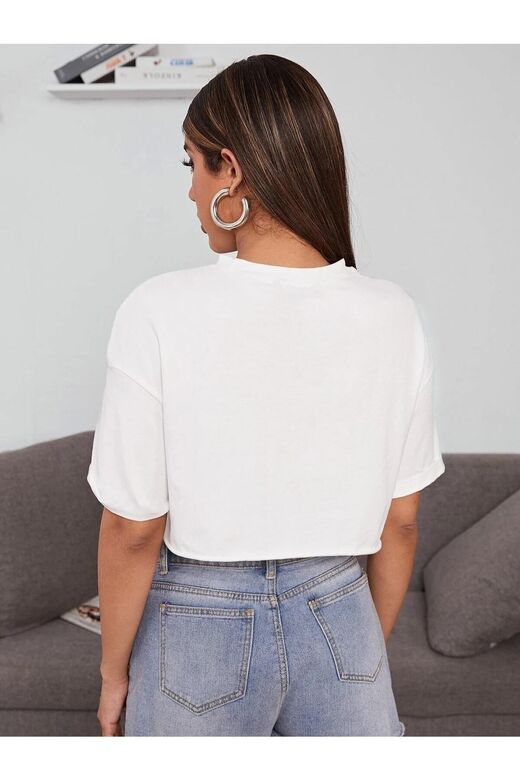 Kadın Beyaz Bisiklet Yaka Oversize Crop T-shirt