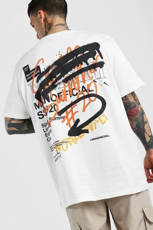 Beyaz Erkek Grafiti Baskılı Oversize T-shirt