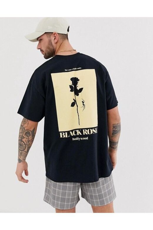 Erkek Siyah Gül Sırt Baskılı Oversize Bisiklet Yaka T-shirt