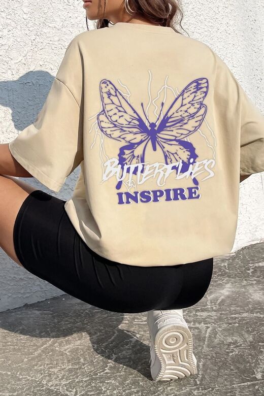 Unisex Butterfly & Letter Graphic Tasarım T-shirt