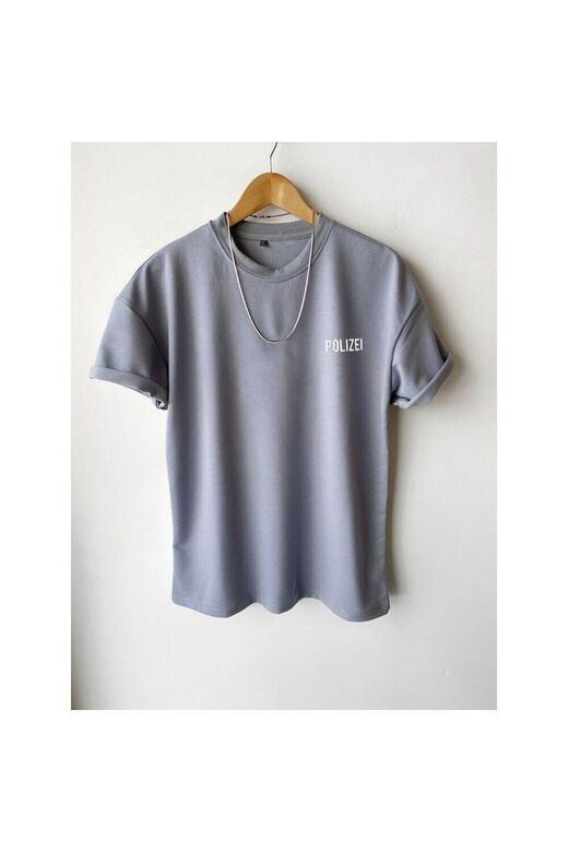 Unisex Taş Gri Polizei Baskılı Oversize Bisiklet Yaka T-shirt