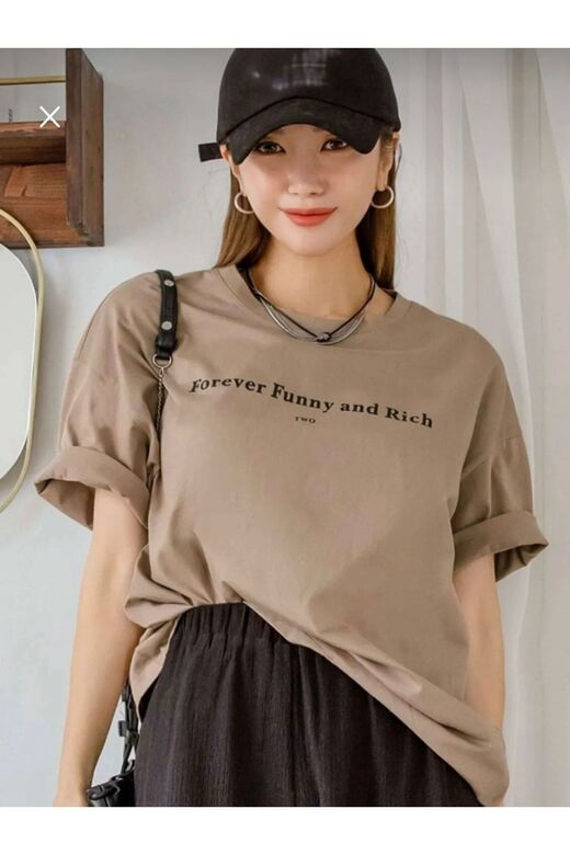 Kadın Kahverengi Funny Baskılı Oversize T-shirt