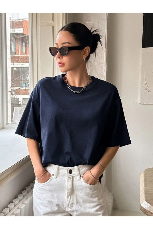 Kadın Lacivert Kind Hearted Baskılı Oversize T-shirt