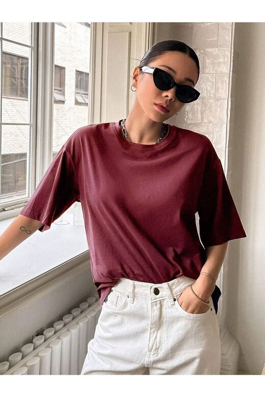 Kadın Bordo Kind Hearted Baskılı Oversize T-shirt