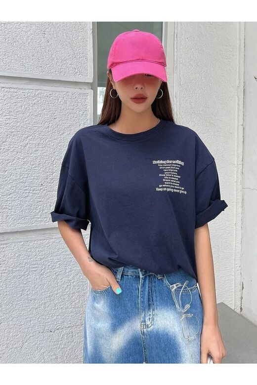 Kadın Lacivert Nothing For Nothing Baskılı Oversize T-shirt