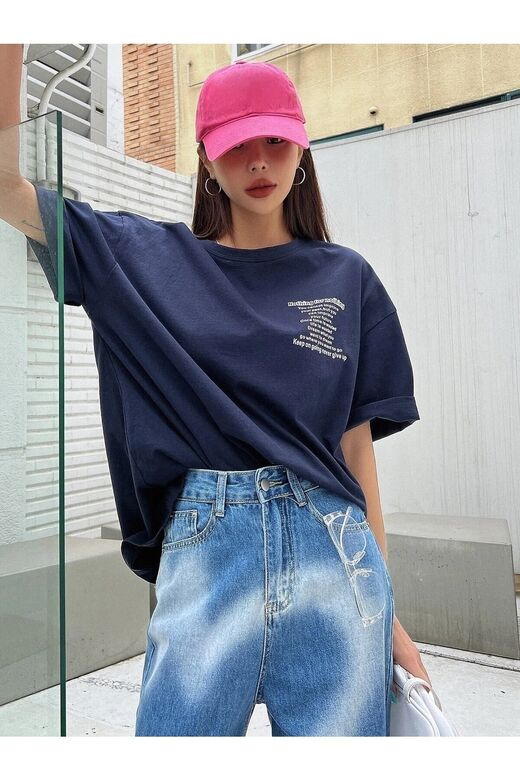 Kadın Lacivert Nothing For Nothing Baskılı Oversize T-shirt