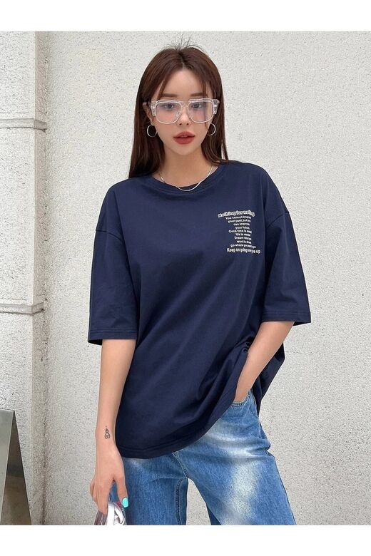 Kadın Lacivert Nothing For Nothing Baskılı Oversize T-shirt