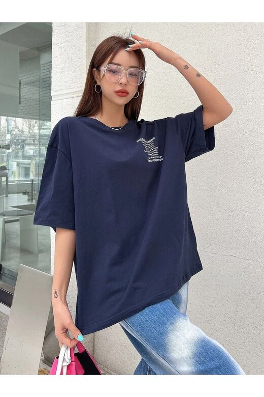 Kadın Lacivert Nothing For Nothing Baskılı Oversize T-shirt